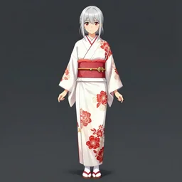 beautiful girl, silver hair, white kimono with complex red flower patterns, full body shot, ilustration by Takehiko Inoue ((and Krenz Cushart))
