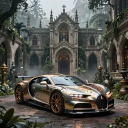 biomechanical shiny steampunk bugatti chiron with (glowing) lights parked in ancient lush palace, gothic and baroque, brutalist architecture, ultradetailed, creepy ambiance, fog, artgerm, giger, Intricate by Ellen Jewett and Josan Gonzalez and Giuseppe Arcimboldo