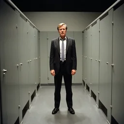 photoreal wide cinematography of butler character delbert grady, played by philip stone talking in a public restroom from stanley kubrick's film the shining, inside the elstree studios soundstage set for the overlook hotel shot on 3 5 mm eastman 5 2 4 7 film by the shining cinematographer john alcott shot on a kinoptik 9. 8 mm wide lens