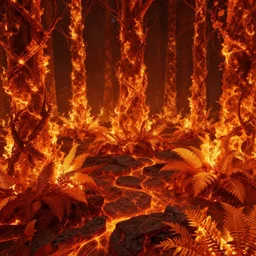 a flaming forest, flaming leaves, magma, flame stones, flame ferns, flame shrubs are scattered, huge flame fantasy plant, covered in flame porcelain vine, artstation, by jakub rozalski, greg rutkowski, anthony avon