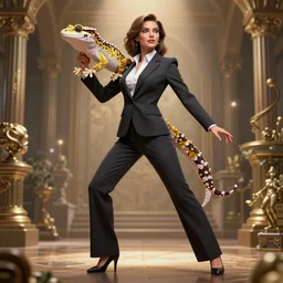 fullbody!! personification of a gecko as a business woman wearing a suit, stunning, beautiful face, hyperrealistic, trending on artstation, smooth and sharp, intricate, fine details, highly detailed, elegant, dynamic pose, radiant light, detailed and intricate environment, professional character concept art by tatyana kupriyanova and greg rutkowski and raymond swanland