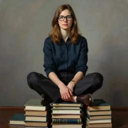 a woman with light brown hair and glasses sits cross legged on top of a tall pile of books. beautiful painting by norman rockwell, beautiful detailed face.