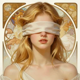 blindfolded handsome young women with shoulder length blonde hair, half body shot, path traced, highly detailed, high quality, digital painting, alena aenami, lilia alvarado, shinji aramaki, karol bak, alphonse mucha, tom bagshaw