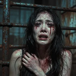 photo of a woman crying blood, silent hill, highly detailed environment, found footage, body horror, low quality camera, industrial setting, rusty, lost footage, disturbing, horror, fear, bad camera, old footage, hyperrealism, movie, movie screengrab, body horror, body horror, body horror, in the style of masahiro ito