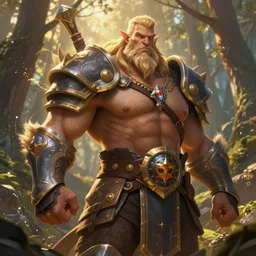 portrait, zarya from overwatch as a dungeons and dragons barbarian, in the forest, dramatic lighting, strong broad robust figure, by donato giancola and thomas kinkade, smooth, intricate, highly detailed, golden hour, splash art, high fantasy