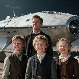 extremely sharply detailed, from blockbuster sci fi 8 k color movie freeze frame, set in 1 8 6 0, family standing in front of a crashed spaceship, on alien planet, looking happy, wearing 1 8 5 0 s era clothes, atmospheric lighting, in focus, reflective eyes, 1 0 mm macro lens, live action, nice composition, good photography, clear facial details