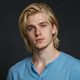 digital upper body portrait of a skinny european male, slightly longer blond hair and a light stubble beard, wearing a light blue shirt, blue eyes, rugged, teenage, fantasy, wizard, trending artstation, dungeons & dragons, relaxed expression, dark lighting, high detail