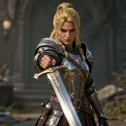 Conan Exiles, female character wearing armour and pointing a sword at the camera