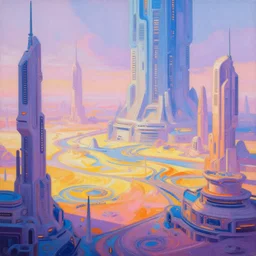 a highly detailed painting of a sci fi world with many different shades of blue purple pink orange yellow green, by simon stalenhag, by beeple, by bruce pennington, by james jean, featured in juxtapoz, mixed media, dynamic composition