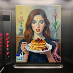 a portrait in an elevator, illuminated buttons with numbers, a woman holding pancakes, honey dripping, berries dripping, chocolate, surgical supplies, ikebana, octopus, neo - expressionism, surrealism, acrylic and spray paint and oilstick on canvas