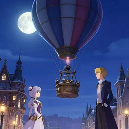 anime cartoon of hot - air balloon, sky, winter, bnow, night, moon, victorian london, steampunk, nicoletta ceccoli, mark ryden, lostfish, max fleischer, hyper realistic, artstation, illustration, digital paint, matte paint, vivid colors, bright, cheerful, detailed and intricate environment