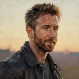 ryan reynolds by leroy neiman, intricate, ultra detailed painting, atmospheric lighting, golden hour