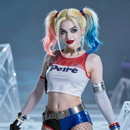 cosplay on the ice queen harley queen, high detail of the face, full body, high detail, high modernization, cinematic, dynamic lighting, ultra mega super hyper realistic, ultra mega super hyper beautiful