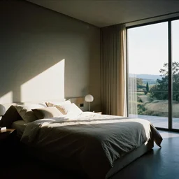 A bedroom designed by Zaha Hadid, 35mm film, long shot