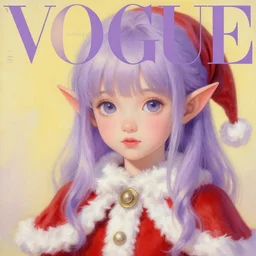 little elf girl, santa claus suit, soft hair. light color palate, purple, yellow and white. detailed soft painting, ayami kojima, made in abyss, anatomically correct, inspired in balthus, high detailed face anime, vogue magazine, glorious composition