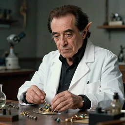 Portrait of Danny Devito biopunk scientist with elven ears, He is working on trinkets on a table, realistic, detailed, 4k by Greg Rutkowski Mark Arian trending on artstation