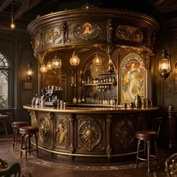 steampunk espresso bar, intricate detail, hyper detailed, ultra realistic, sharp focus, smooth, octane render, lantern, volumetric, ray tracing, artstation trending, cgsociety, sense of awe, mystical, by alphonse mucha, midsommar 4 k