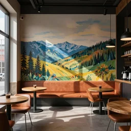 caffe interior design, modern look, colorful, realistic
