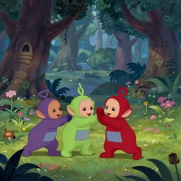 Movie frame from the coloured Disney animated motion picture released in 1937, beautiful enchanted forest full of critters, directed by Walt Disney, highly detailed background paintings by Thomas Kinkade, Teletubbies brawl is getting out of hand