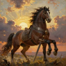 oversized muscular horse as barbarian with chest armor and sword in epic pose and hard backlight from sunset  , very textured detailed oil painting panoramic backlight portrait by rembrandt, backlight, dramatic clouds ,sun rays
