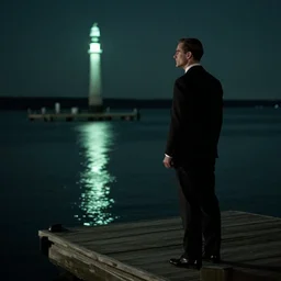 of gatsby standing on his dock in darkness looking at the pale green light across the water, detailed, atmospheric