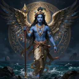 : a beautiful cinematic krishna archangel  fantasy sea landscape, fantasy magic,  dark light night, intricate, elegant, sharp focus, illustration, highly detailed, digital painting, concept art, matte, art by WLOP and Artgerm and Greg Rutkowski and Alphonse Mucha, masterpiece