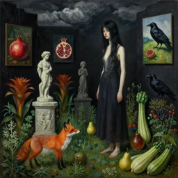 realistic painting of a emo female artist's garden, black dripping walls, tall emo girl, stone sculptures, a fox, a pear, dark clouds, paintings on black walls, pomegranate, bromeliads, herbs, raven, courgettes, berries, zen, sensual, surrealist painting by magritte and monet and rousseau