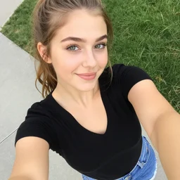 iPhone selfie by an college student at UCLA with light brown hair and green eyes, she's wearing a black vneck tshirt and blue jeans, her hair is in a pony tail, girl next door with innocent sweet look, smiling, hq, trending on instagram