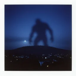 monster shadow, fog, hill above city, night sky, blue sun on the horizon, deep blue mood, old photo, by stanley kubrick
