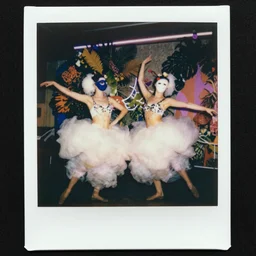 polaroid of dancers that are made from cotton candy and foliage, very ornate, wearing MASKS, smudge, mix, DADA collage, texture, lomography, fashion neon light, rim lighting