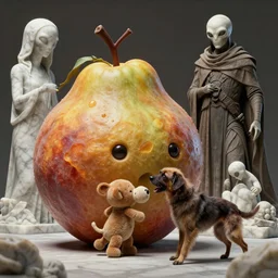 beautiful digital fantasy illustration of alien fruit, a creepy dog attacking a stuffed animal, octane render, detail texture, unreal engine, god emperor of dune, 8 k, marble sculptures, a surrealist sculpture by ryohei hase, ultra hyper realistic quality