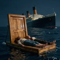a large wooden door floats like a raft in the dark waters of the atlantic ocean, a man and woman are both laying down on top of it, in the backdrop the titanic sinks, protruding up at an angle, night, hyperrealistic
