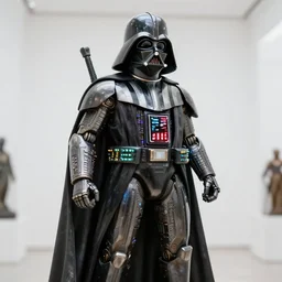 marble sculpture of darth vader with solarpunk mecha humanoid robotic parts with bright led lights, pudica pose gesture, by michelangelo, in white room, ultra - realistic and intricate, hdr 8 k