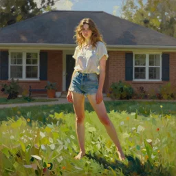 a girl playing on the lawn in front of a house. painting by mark ryden.