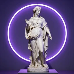 a renaissance statue on a neon ring background