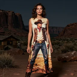 photo, a woman wearing a printed dress containing a giant massive illuminated photograph of a vintage western cowboy movie, standing inside a dark western rocky scenic landscape, volumetric lighting