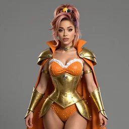 ariana grande pinup wearing chicken nugget fantasy battle armor with an orange cloak by ilya kushvikov, symmetrical face concept art, octane render unreal engine meta humans, trending on artstation