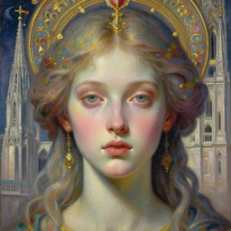 portrait of a beautiful young goddess'face merging with a cathedral building, unusual beauty, etheric, outworldly colours, emotionally evoking symbolic metaphors, head in focus, fantasy, ornamental, intricate, elegant, highly detailed painting style photo, artstation, concept art, painterly, golden ratio, sharp focus, illustration, art by john william godward and zdzisław beksinski and oleg shuplilak,