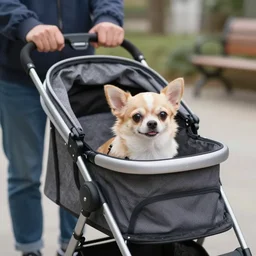 a photo of a chihuahua pushing its human in a stroller, 4K UHD, 16mm f/1.4