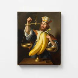 a classic and popular painting known as the banana king judges with a divine scales, a painting in a fine canvas is displayed on a clean wall
