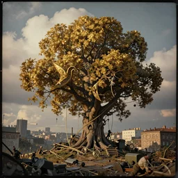 golden hour, tilt shift, 1 9 1 2 wwi, huge tree in a city, thick clouds behind, film still 3 5 mm, colorized tintype photo, dystopian environment, intricate, highly detailed, painting, artstation, concept, smooth, sharp focus, illustration, artgerm, by zdzisław beksinski