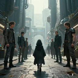 a portrait of a small person wearing a cloke in the middle foreground walking in the street of a sci-fi city by Greg Rutkowski, Sung Choi, Mitchell Mohrhauser, Maciej Kuciara, Johnson Ting, Maxim Verehin, Peter Konig, final fantasy , mythical, 8k photorealistic, cinematic lighting, HD, high details, atmospheric,