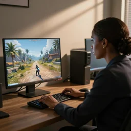 A Kenyan businesswoman playing CS:GO on her computer, over the shoulder view