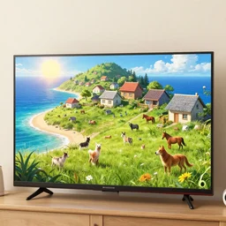 i dream about a beatifull island wiht a lot of sun and sea, that contains differend animals like dogs and cats and horses, containst houses and grass, cctv camera on color tv