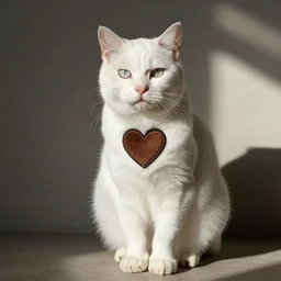 white cat sitting with heart shaped patch of brown fur
