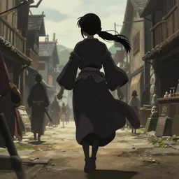 pixiv, key anime visual portrait of a young female in robe walking through a busy medieval village, dynamic pose, dynamic perspective, cinematic, dramatic lighting, detailed silhouette, anime proportions, last exile, ghibli