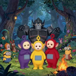 Movie frame from the coloured Disney animated motion picture released in 1937, evil cursed Teletubbies transformers are burning down the forest, beautiful enchanted forest full of critters, directed by Walt Disney,  highly detailed background paintings by Thomas Kinkade, Minions digimon