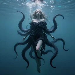 a beautiful pale human, wrapped in black tentacles, floating in water, bubbles rising, full body, photo realistic, fantasy art, volumetric lighting, by charlie bowater, by karol bak