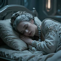 cinestill 5 0 d photography of a dystopian beautiful woma britt marling style by annie liebovitz, sleeping in a in a dystopian futuristic house, pale blu tonal matt, hair in baroque style, dress are intricate ornamental dress, elegant, highly detailed, soft blur, artstation, sharp focus, head in focus,