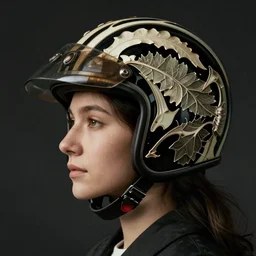 a woman's face in profile, wearing a vintage motorcycle helmet made of sweeping intricate delicate leaf skeleton, in the style of the dutch masters and gregory crewdson, dark and moody